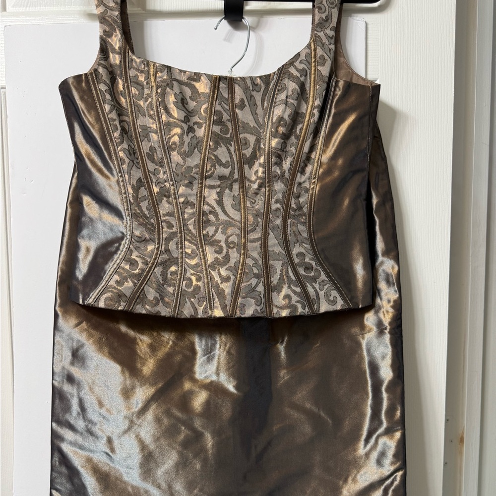 #333-9 Badgley Mischka 3 Pc Suit Bronze 8 skirt Straight, Jacket Open Front NWOT - Picture 2 of 16